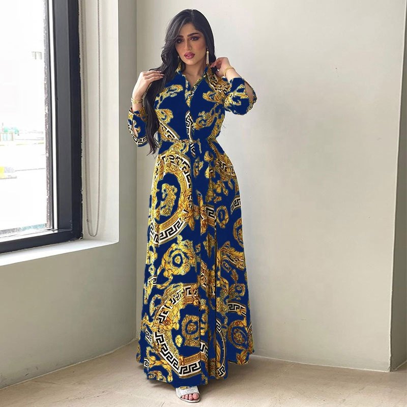Wholesale Floral Print Maxi Shirt Muslim Dress Women Dubai Abaya America Plus Size Kaftan Robe Islamic Caftan Marocain Dresses