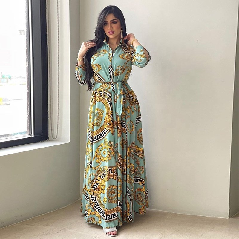 Wholesale Floral Print Maxi Shirt Muslim Dress Women Dubai Abaya America Plus Size Kaftan Robe Islamic Caftan Marocain Dresses