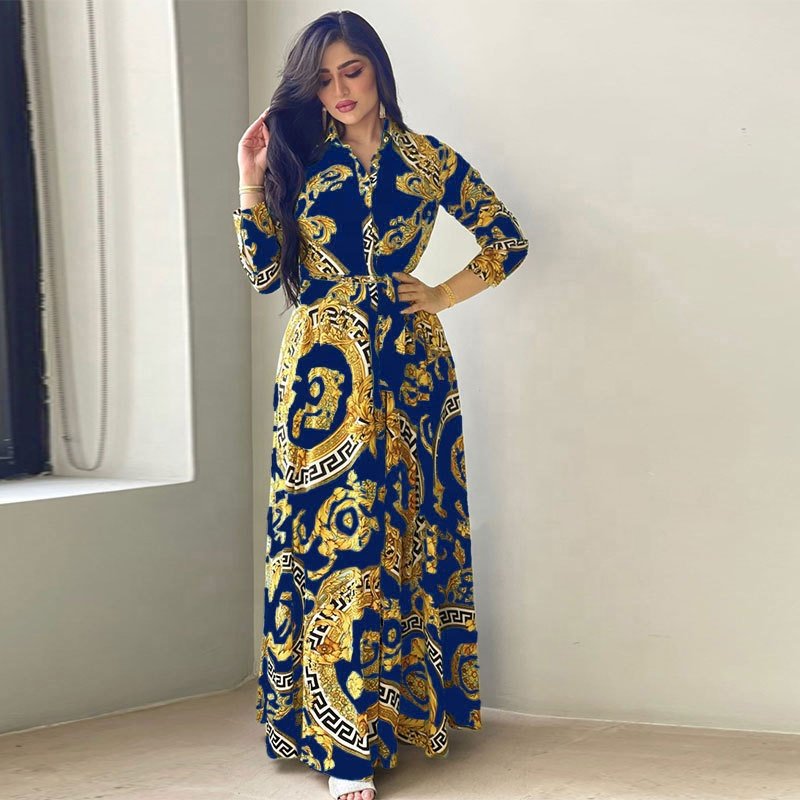 Wholesale Floral Print Maxi Shirt Muslim Dress Women Dubai Abaya America Plus Size Kaftan Robe Islamic Caftan Marocain Dresses