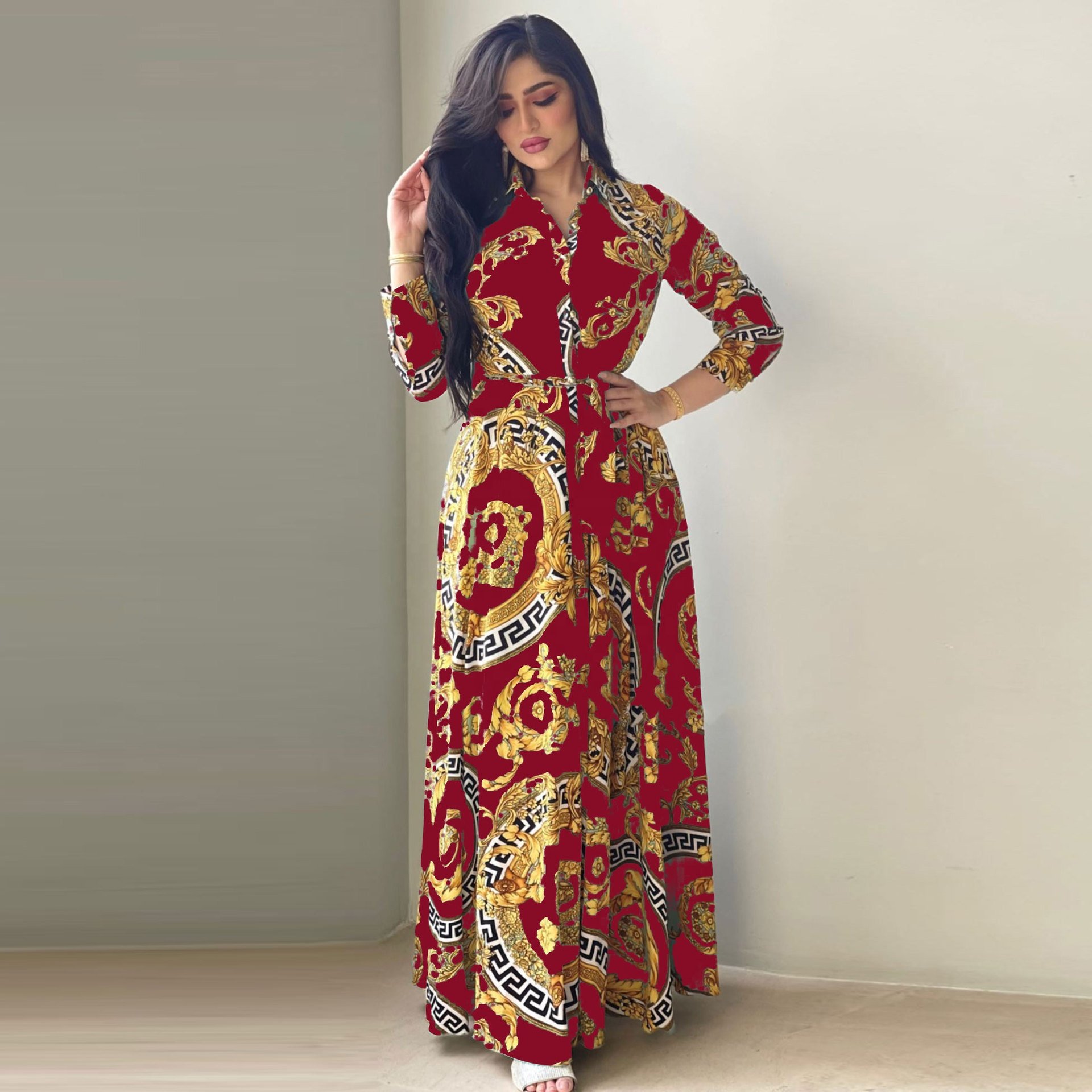 Wholesale Floral Print Maxi Shirt Muslim Dress Women Dubai Abaya America Plus Size Kaftan Robe Islamic Caftan Marocain Dresses