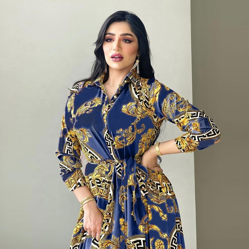 Wholesale Floral Print Maxi Shirt Muslim Dress Women Dubai Abaya America Plus Size Kaftan Robe Islamic Caftan Marocain Dresses