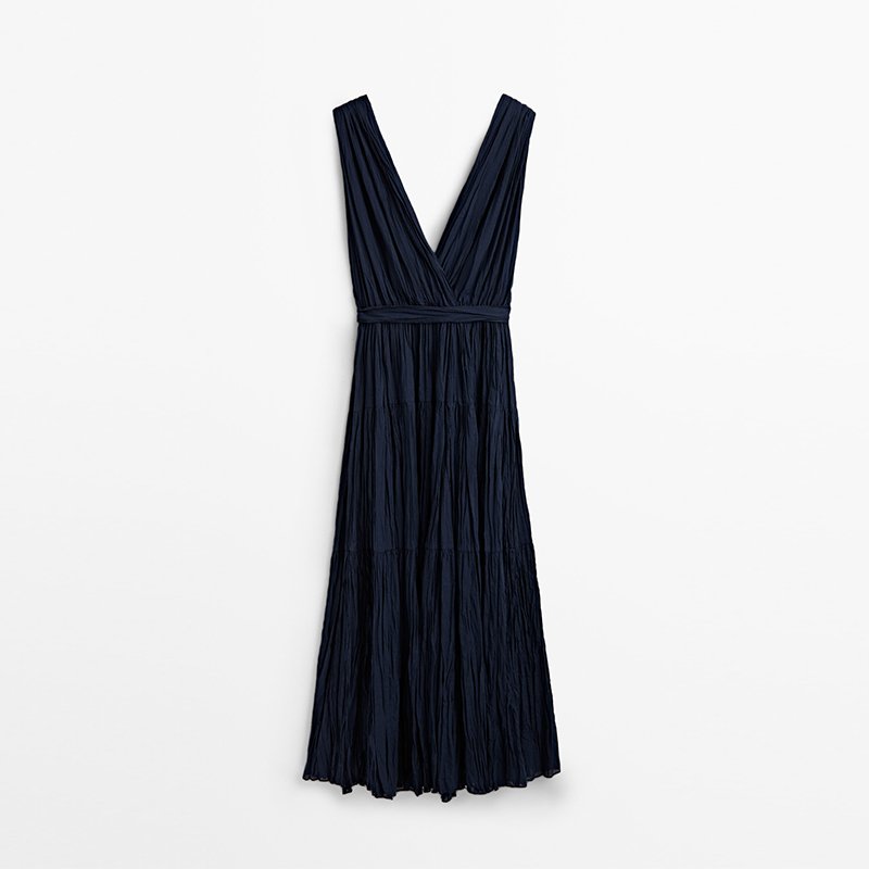 Summer Deep V Neck 100% Cotton Tie Blet Dresses Women Lady Elegant Long Pleated Sleeveless Dress