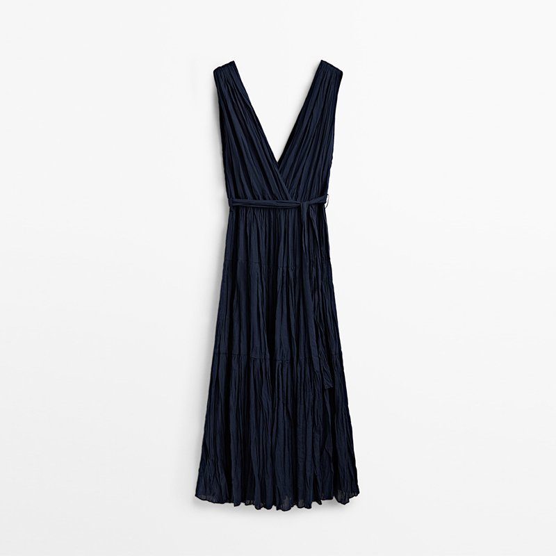 Summer Deep V Neck 100% Cotton Tie Blet Dresses Women Lady Elegant Long Pleated Sleeveless Dress