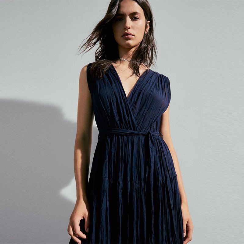 Summer Deep V Neck 100% Cotton Tie Blet Dresses Women Lady Elegant Long Pleated Sleeveless Dress
