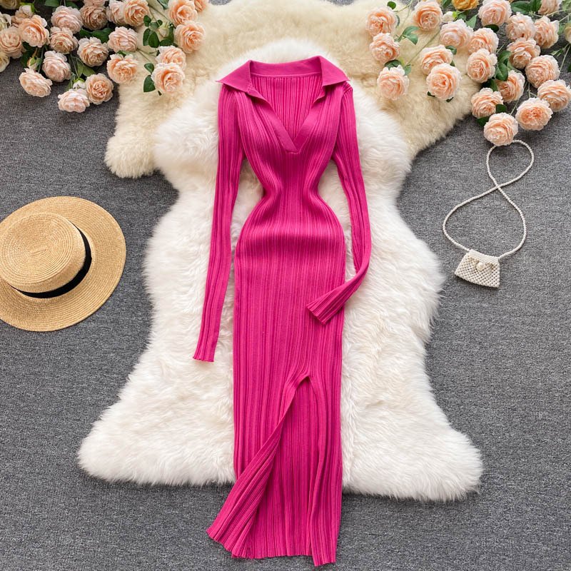 Wholesales Solid Colour Long Casual Dresses Women Bandage Lady Dress Elegant Pullover Knitted Long Sleeve Split Sweater Dress