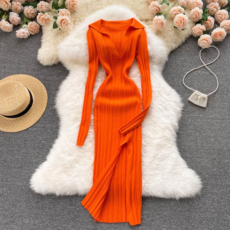 Wholesales Solid Colour Long Casual Dresses Women Bandage Lady Dress Elegant Pullover Knitted Long Sleeve Split Sweater Dress