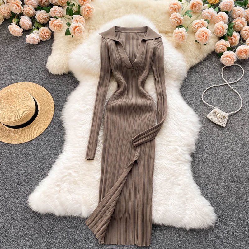 Wholesales Solid Colour Long Casual Dresses Women Bandage Lady Dress Elegant Pullover Knitted Long Sleeve Split Sweater Dress