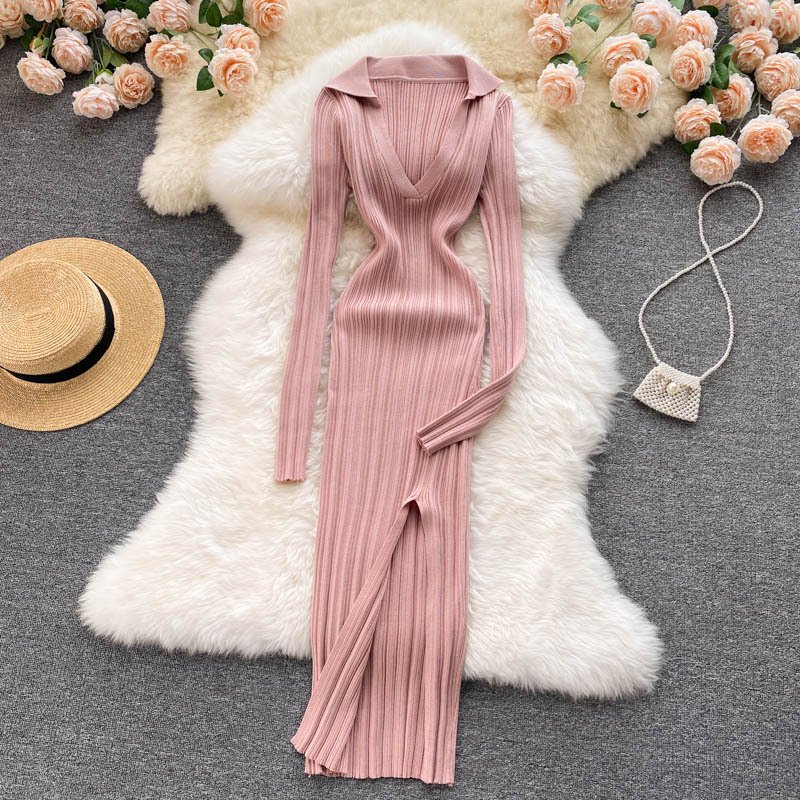 Wholesales Solid Colour Long Casual Dresses Women Bandage Lady Dress Elegant Pullover Knitted Long Sleeve Split Sweater Dress