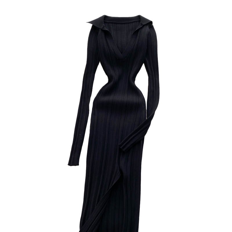 Wholesales Solid Colour Long Casual Dresses Women Bandage Lady Dress Elegant Pullover Knitted Long Sleeve Split Sweater Dress