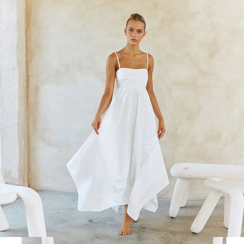 Fashion Elegant Women Asymmetric Hemline Casual Dresses Ladies Cotton White Loose Midi Dress for Daily Outfit