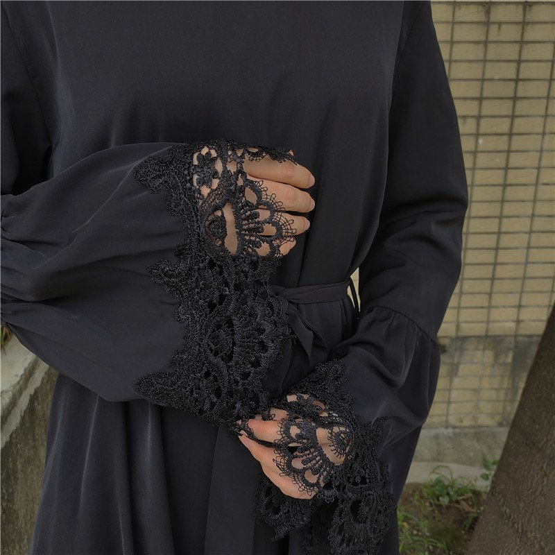 Abaya With Cuff Lace Black Umbrella Close Abaya Simple Plain Black Dress Muslim Women Long Dress