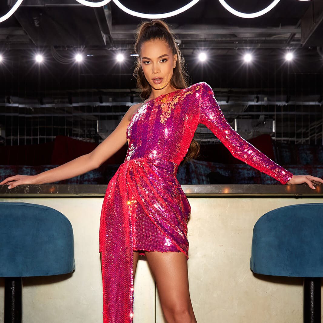 2022 New Arrivals Single Shoulder Elegant Dresses Women Evening Teal Sequin Fashion Dress Women Party