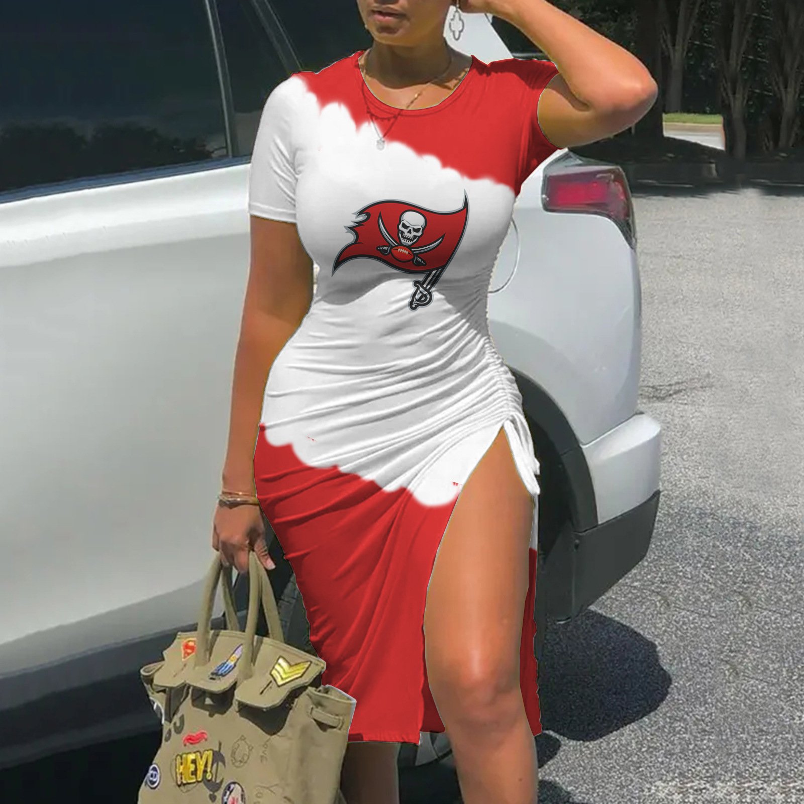 Hot Selling American Football Baseball Team Full Print Slit Dress Sexy Drawstring Style Dress Women Casual Dress