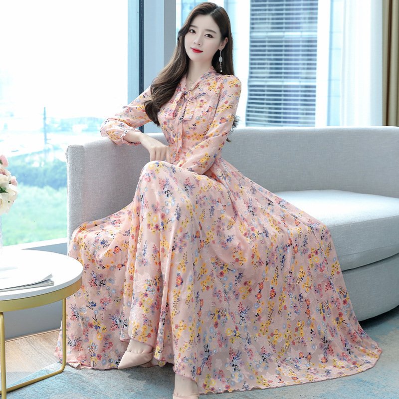 New Arrival Ladies Chiffon Long Sleeve Maxi Dress Women Flower Print Casual Elegant Long Dress