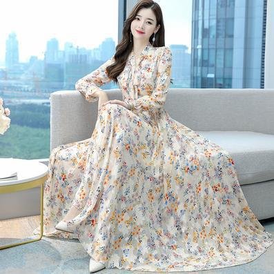 New Arrival Ladies Chiffon Long Sleeve Maxi Dress Women Flower Print Casual Elegant Long Dress