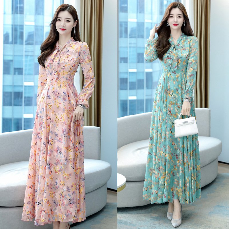 New Arrival Ladies Chiffon Long Sleeve Maxi Dress Women Flower Print Casual Elegant Long Dress