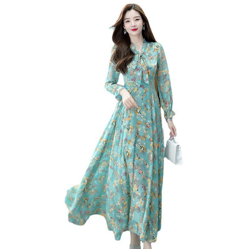 New Arrival Ladies Chiffon Long Sleeve Maxi Dress Women Flower Print Casual Elegant Long Dress