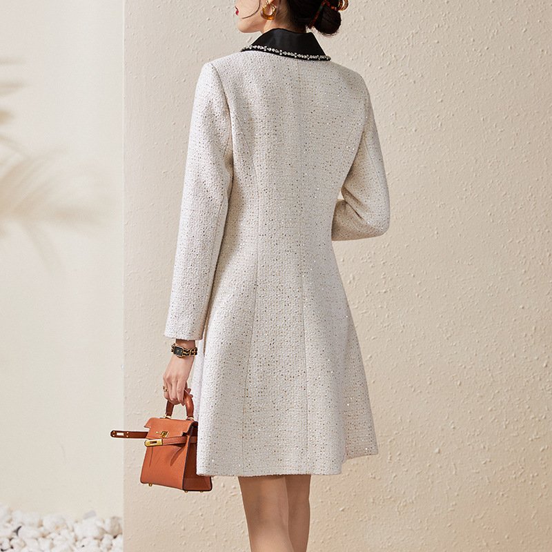 Winter 2023 New Women Tweed Formal Dress High Quality Pearl Beaded Diamond Elegant Single Breasted Casual Dress