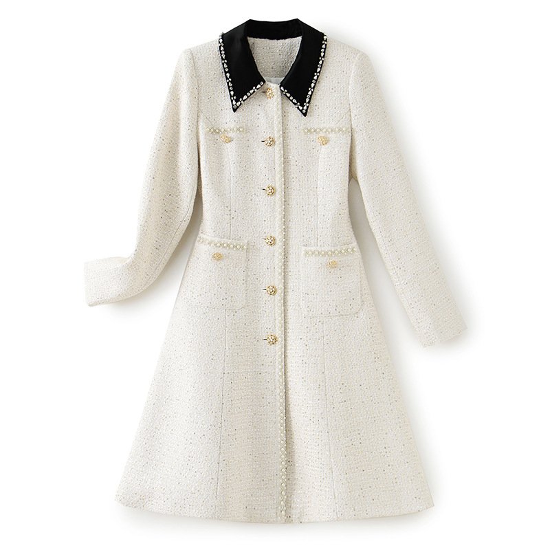Winter 2023 New Women Tweed Formal Dress High Quality Pearl Beaded Diamond Elegant Single Breasted Casual Dress