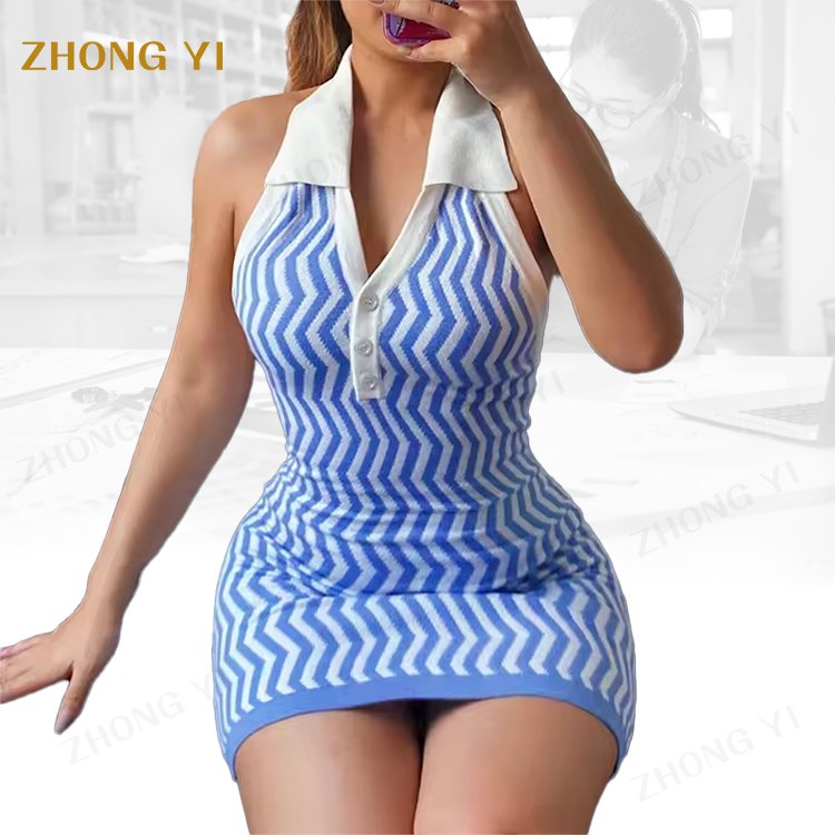 Private custom women's dress polo deep v-neck buttoned tight waist dress back hollow sleeveless hot girl miniskirt