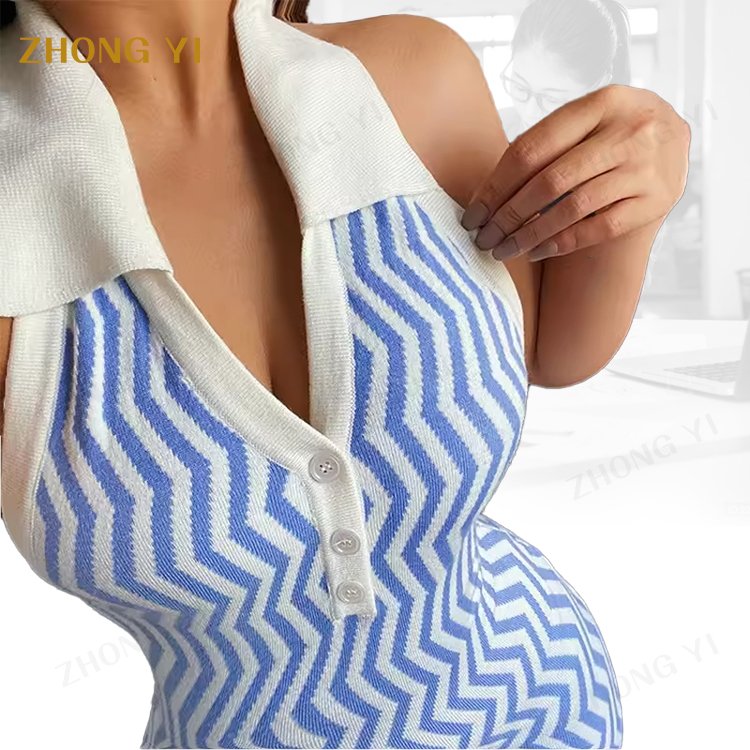 Private custom women's dress polo deep v-neck buttoned tight waist dress back hollow sleeveless hot girl miniskirt