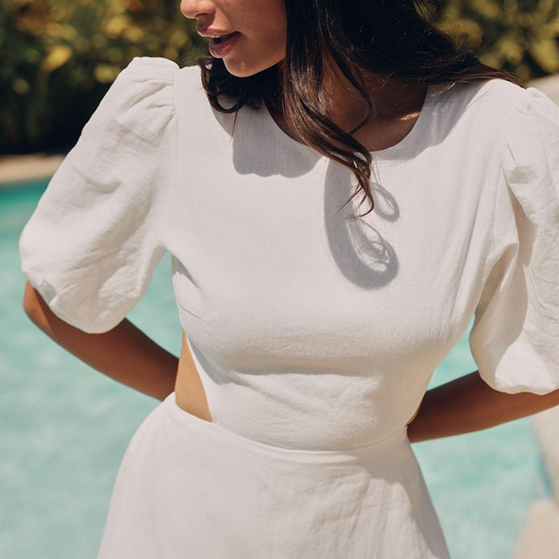 Loose Backless Fashion Ladies Summer Dress Solid Color Pleated Long Skirt Casual Simple Style Suitable for Work