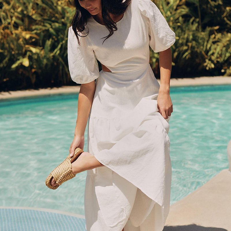Loose Backless Fashion Ladies Summer Dress Solid Color Pleated Long Skirt Casual Simple Style Suitable for Work