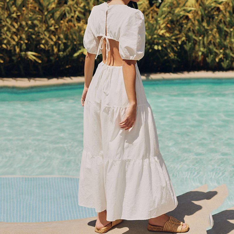 Loose Backless Fashion Ladies Summer Dress Solid Color Pleated Long Skirt Casual Simple Style Suitable for Work