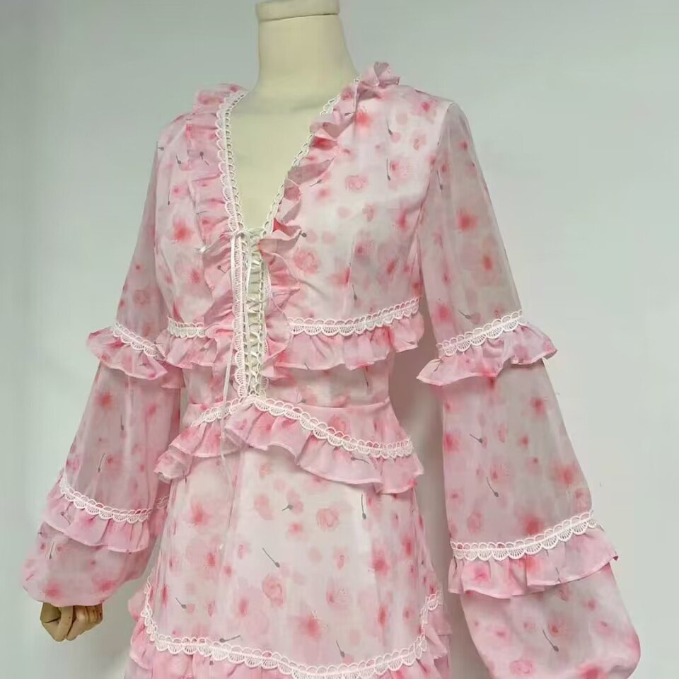 Pink Floral 2023 Summer New Dresses V-Neck Lantern Sleeves Fungus Fresh Sweet Holiday Print Chiffon Short Dress