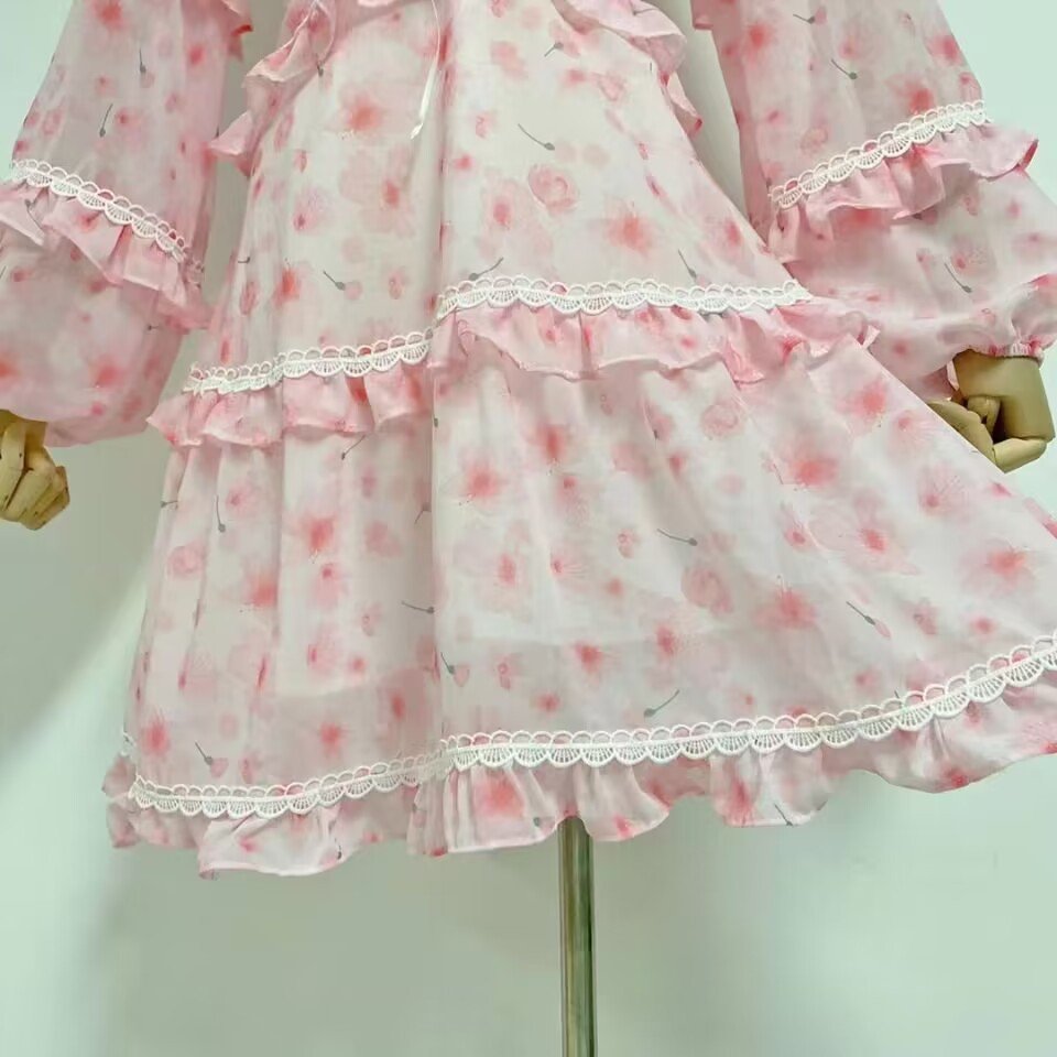 Pink Floral 2023 Summer New Dresses V-Neck Lantern Sleeves Fungus Fresh Sweet Holiday Print Chiffon Short Dress
