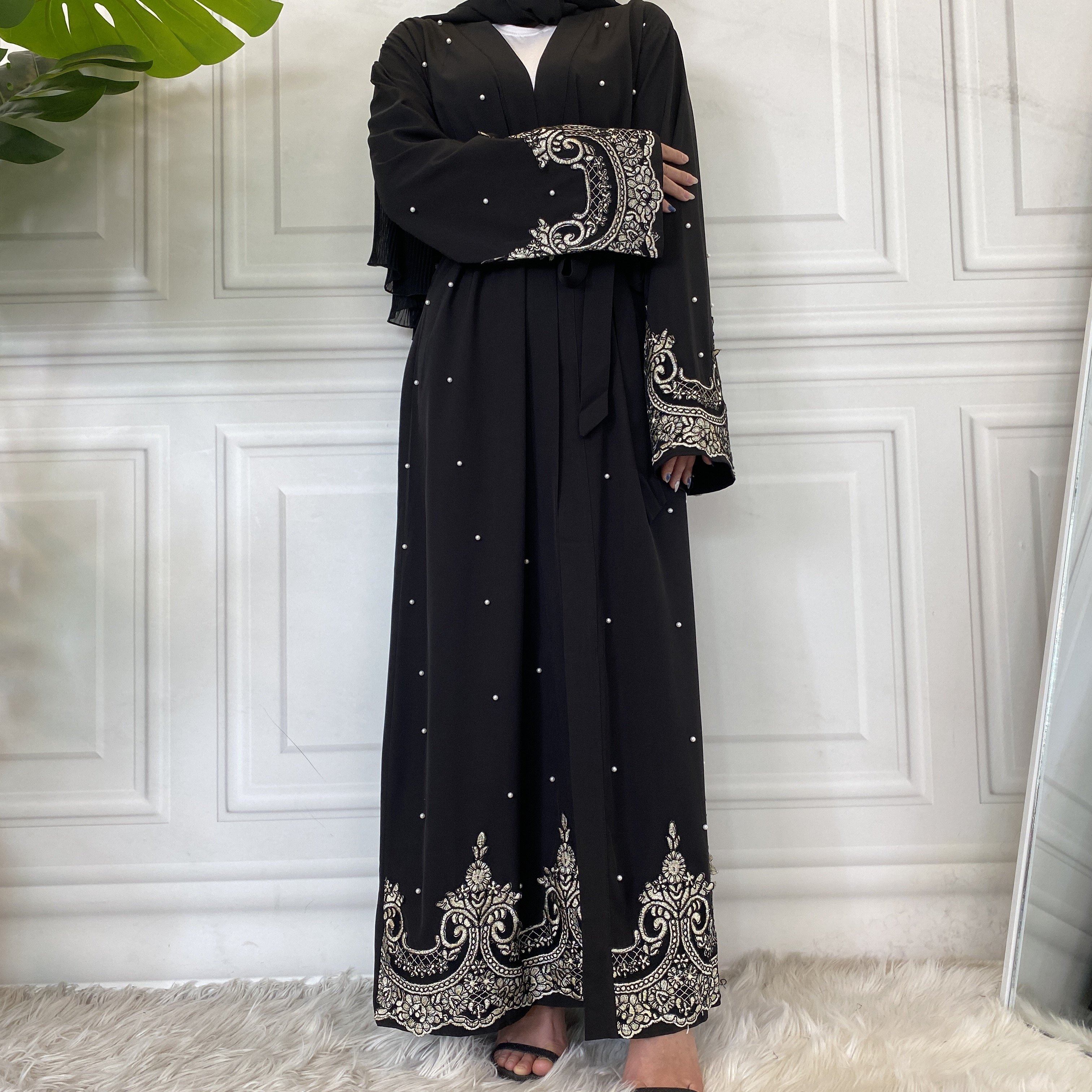 1684# Black Abaya Dubai Beads Diamond Crown Embroidered Abayas Muslim Women Collection