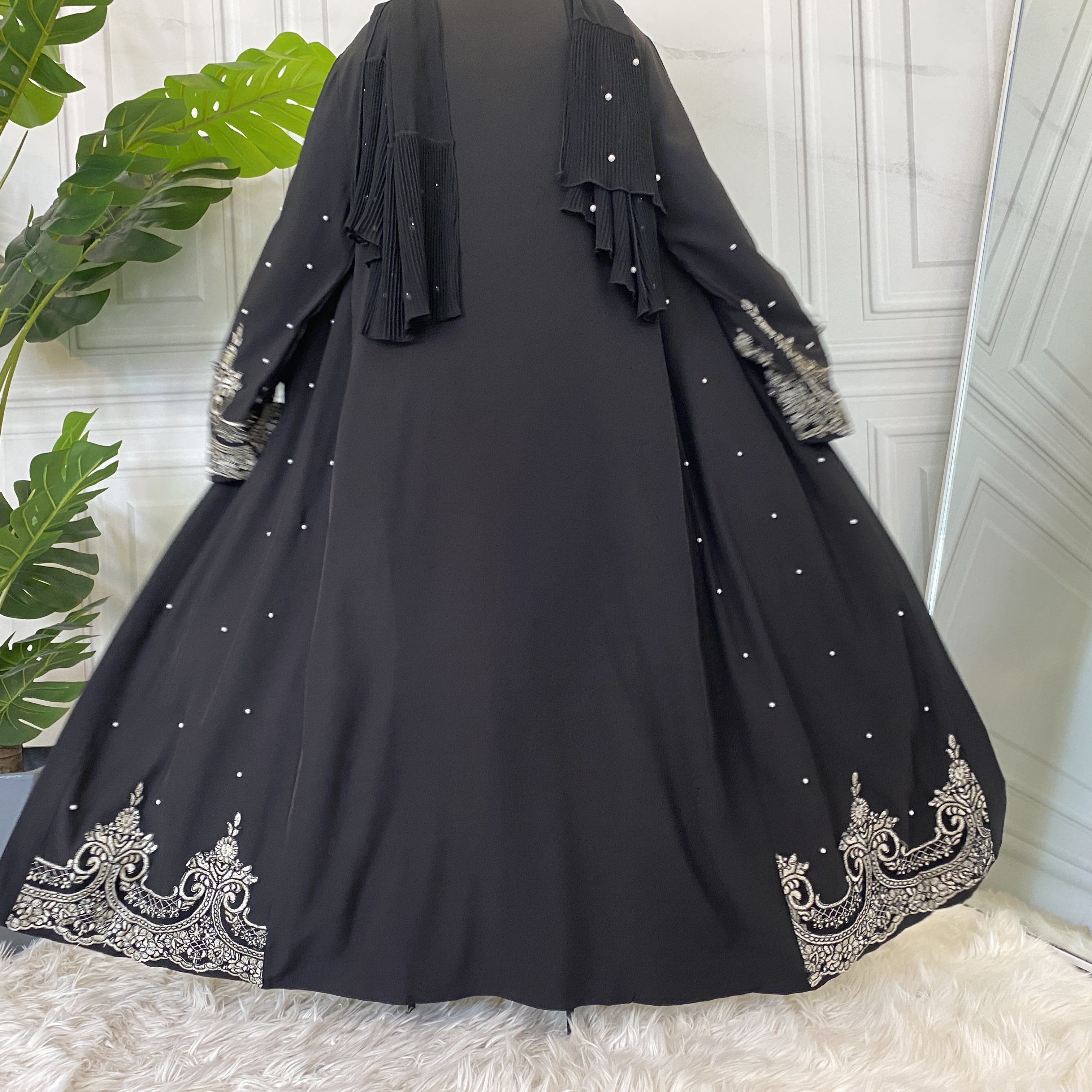 1684# Black Abaya Dubai Beads Diamond Crown Embroidered Abayas Muslim Women Collection