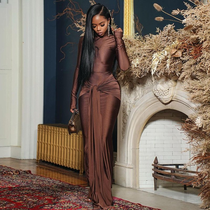 Bomblook ASDS183 Solid High Collar Ribbon Maxi Dress Women Casual Dress Women's Dresses