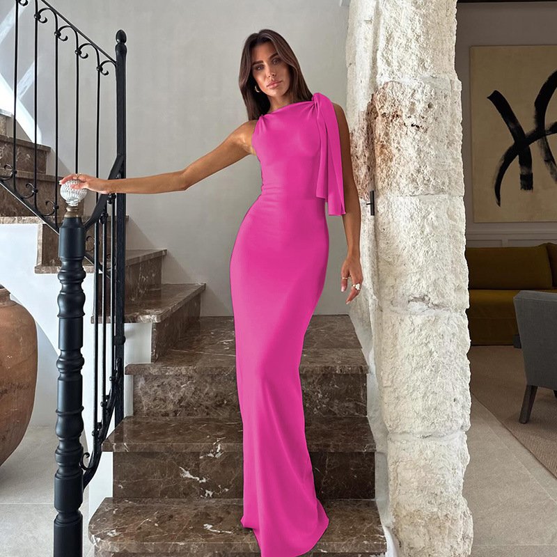 YY2977 fashion women clothes 2024 slant shoulder casual dress sleeveless elegant ladies maxi summer dress