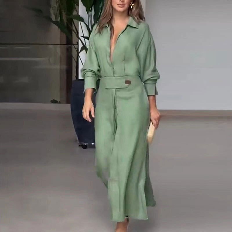 2024 Summer New Solid Color Dress for Plus Size Casual European and American Style Long Sleeve with Shirt Collar Maxi Length