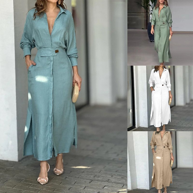 2024 Summer New Solid Color Dress for Plus Size Casual European and American Style Long Sleeve with Shirt Collar Maxi Length