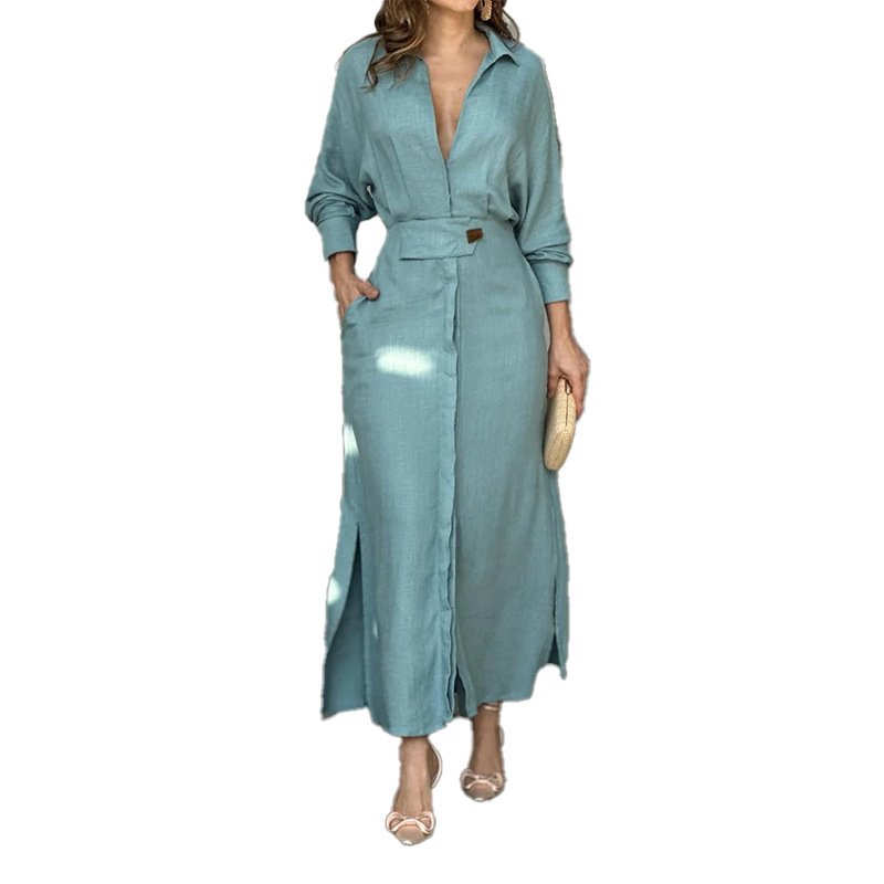 2024 Summer New Solid Color Dress for Plus Size Casual European and American Style Long Sleeve with Shirt Collar Maxi Length