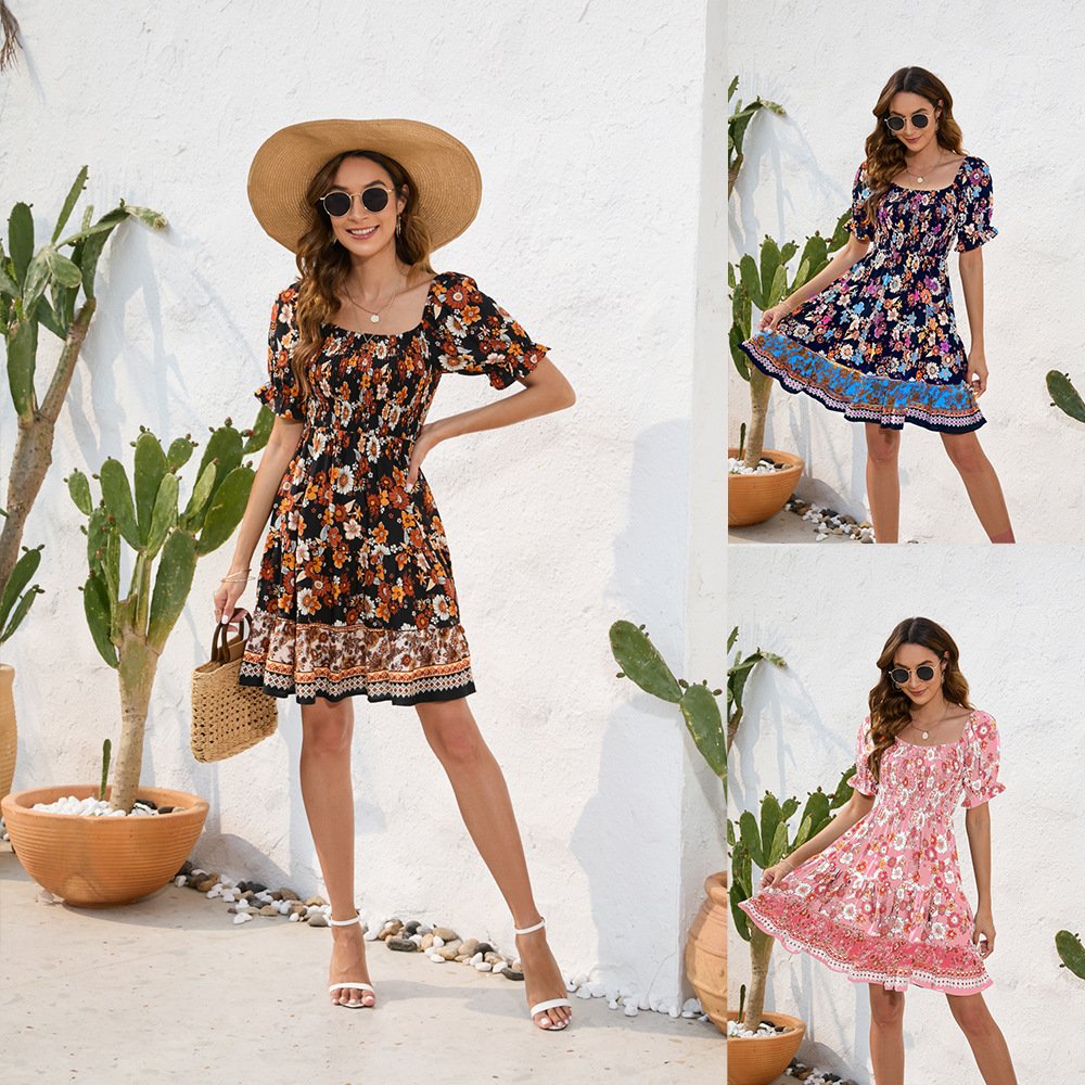 PRETTY STEPS Spring and summer women's new floral print nipped-in waist dress bohemian leisure resort travel dress