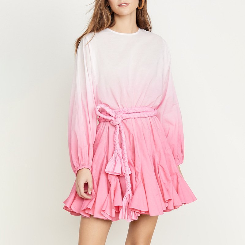 Top Selling Puff Sleeve Ruffle Tier Casual Dresses Crew Neck Women Summer Cotton Gradient Dress