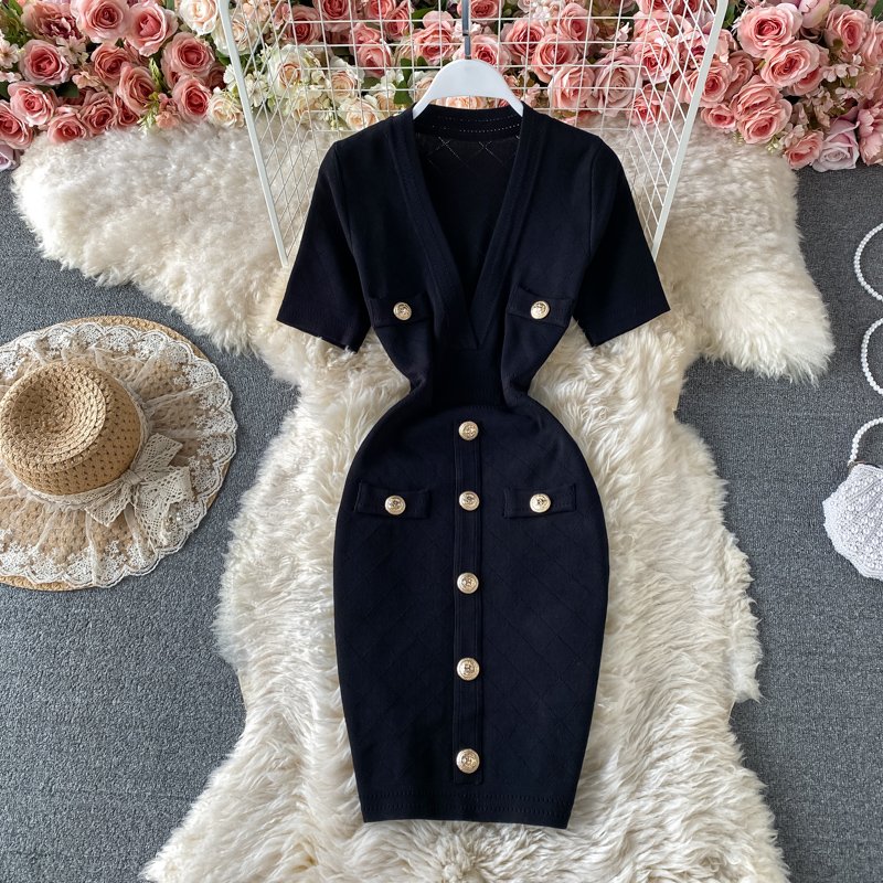 Wholesale V neck Short sleeved Knit jersey Bodycon Dress Women Slim Casual Summer Dresses Vestido