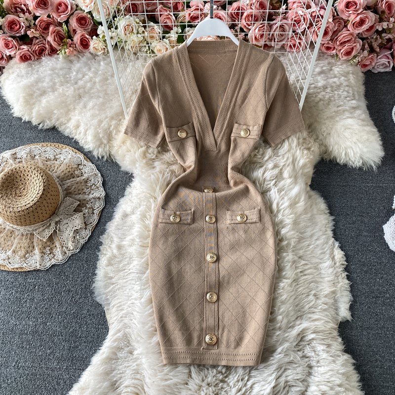 Wholesale V neck Short sleeved Knit jersey Bodycon Dress Women Slim Casual Summer Dresses Vestido