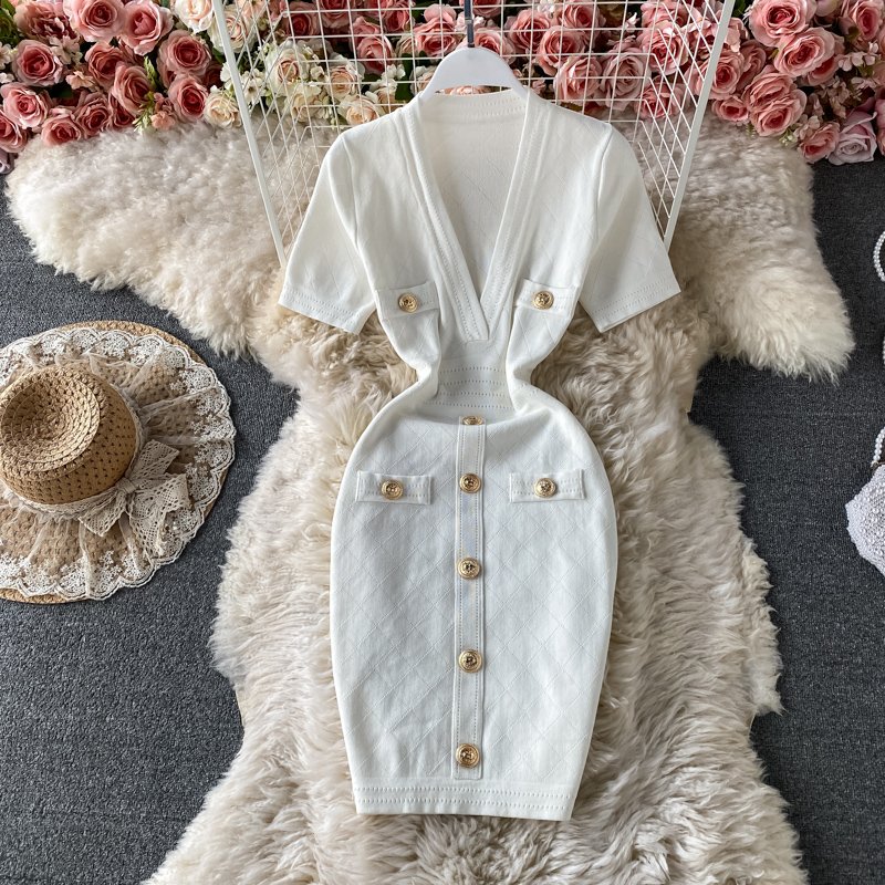 Wholesale V neck Short sleeved Knit jersey Bodycon Dress Women Slim Casual Summer Dresses Vestido
