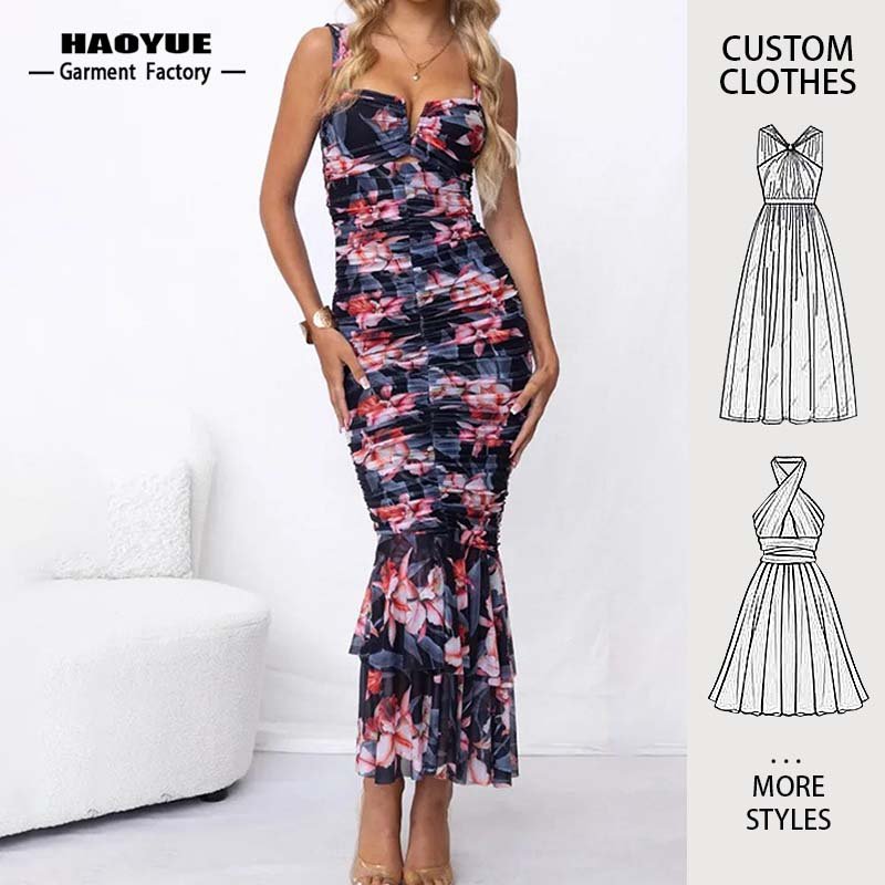 Women Clothing Custom Manufacturer High Quality Floral Dress Slim-Fit Fishtail Dress Girl's Elegant Casual Dress For Ladies
