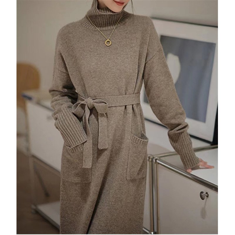 Custom Y2K Winter Fashion New Wholesale White Elegant Bodycon Stand Collar Warm Knitted Sweater Long Casual Dress