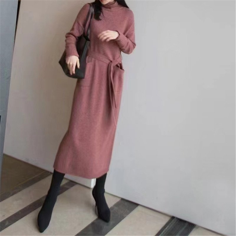 Custom Y2K Winter Fashion New Wholesale White Elegant Bodycon Stand Collar Warm Knitted Sweater Long Casual Dress