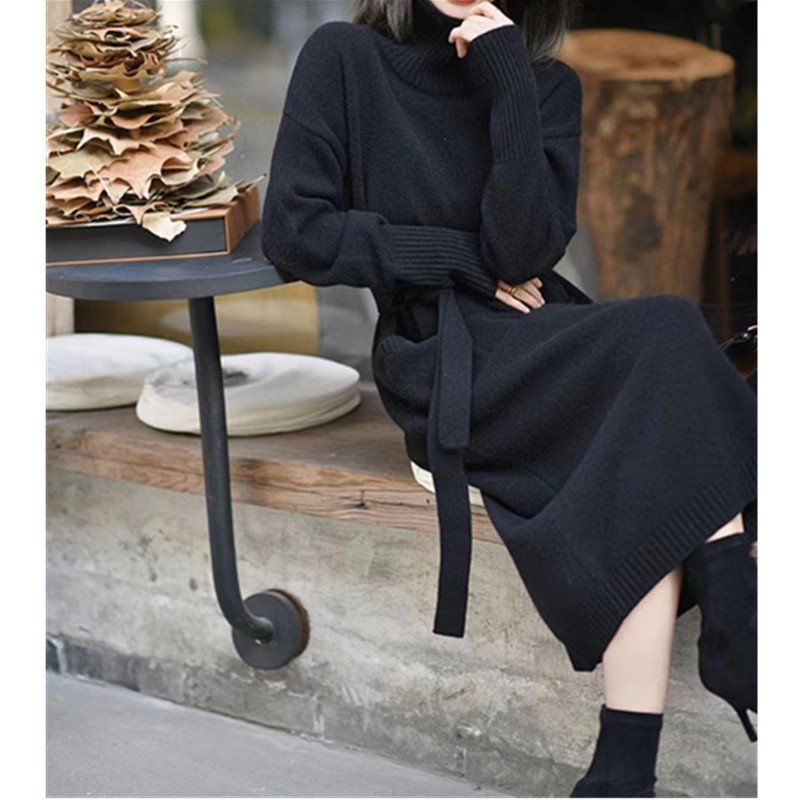 Custom Y2K Winter Fashion New Wholesale White Elegant Bodycon Stand Collar Warm Knitted Sweater Long Casual Dress