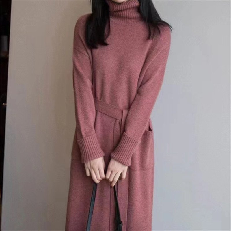 Custom Y2K Winter Fashion New Wholesale White Elegant Bodycon Stand Collar Warm Knitted Sweater Long Casual Dress