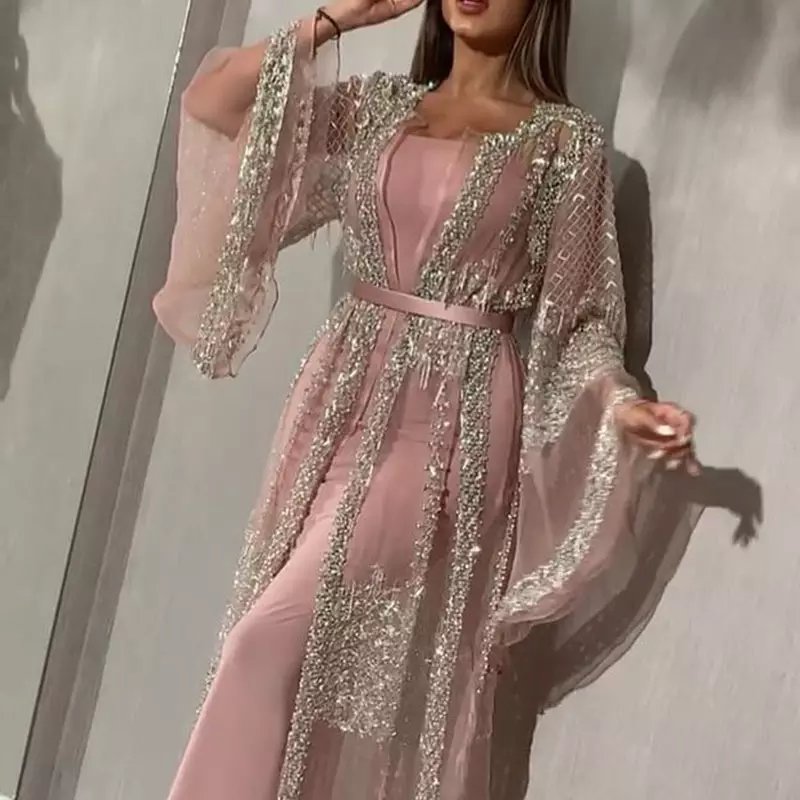 Ramadan Kaftan Evening Dress Dubai Luxury Abaya High Class Sequins Embroidery Lace Islam Kimono for Women Black Muslim Clothing