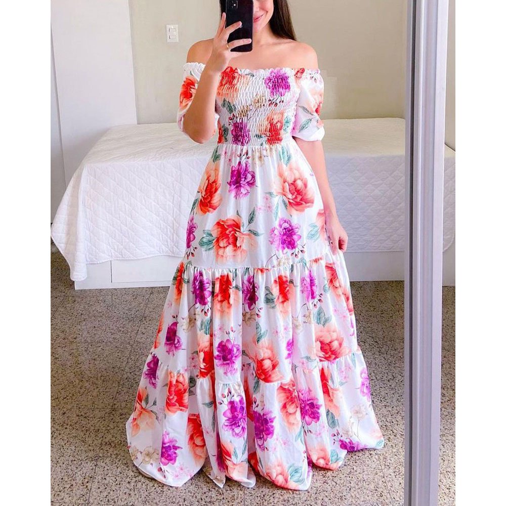 Fashion Ladies Long Summer One-shoulder Floral Dress Women Clothing Casual Dresses Women's Maxi Dresses