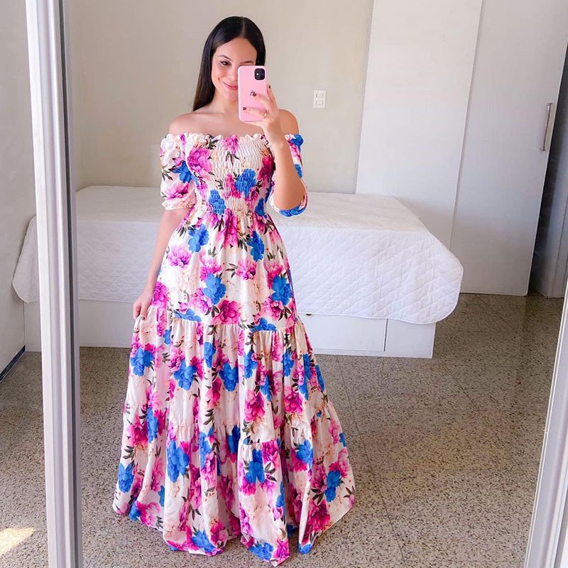 Fashion Ladies Long Summer One-shoulder Floral Dress Women Clothing Casual Dresses Women's Maxi Dresses